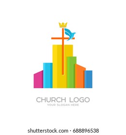 Church logo. Christian symbols. The cross of Jesus and the dove over the city