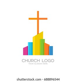 Church logo. Christian symbols. The cross of Jesus and the colored city