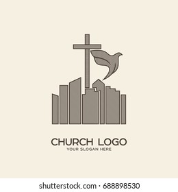 Church logo. Christian symbols. The cross of Jesus and the dove over the city
