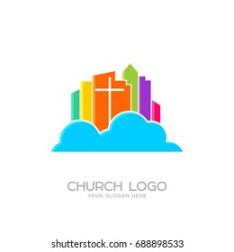 Church logo. Christian symbols. The cross of Jesus and the colored city on the cloud