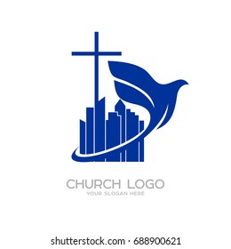 Church logo. Christian symbols. The cross of Jesus and the dove over the city