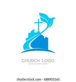 Church logo. Christian symbols. The cross of Jesus and the dove over the city