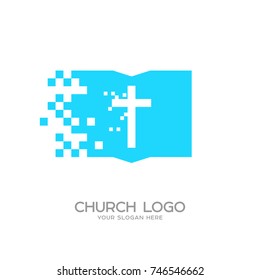 Church logo. Christian symbols. The Cross of Jesus Christ and the Holy Scripture