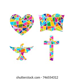 Church logo. Christian symbols. Cross, bible, heart and dove