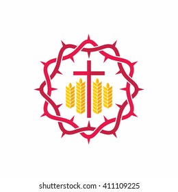 Church logo. Christian symbols. Crown of thorns, cross and wheats.