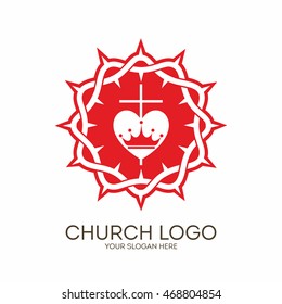 Church logo. Christian symbols. Crown of thorns, cross and heart.