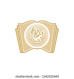 Church logo. Christian symbols. Dove and the flame on the background of an open bible.