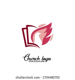 Church logo. Christian symbols. Dove and flame on the picture of open pages.