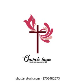 Church logo. Christian symbols. A dove flies over the cross of Jesus Christ.