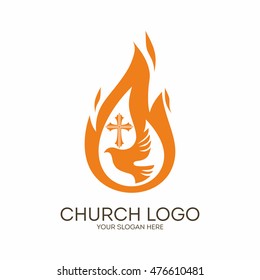 Church Logo. Christian Symbols. Dove, The Flame Of The Holy Spirit And The Cross Of Jesus