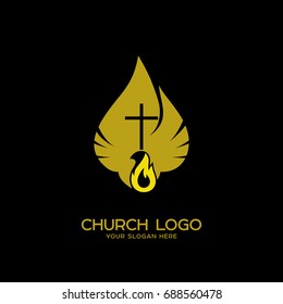 Church logo. Christian symbols. The Dove and the Flame of the Holy Spirit, the Kingdom of God