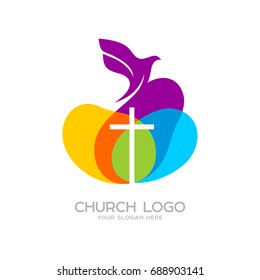 Church logo. Christian symbols. The dove and the cross of Jesus