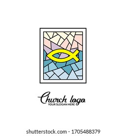 Church logo. Christian symbols. Fish on the background of a stained-glass window.