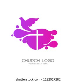 Church logo. Christian symbols. Logo in the form of bubbles, the cross of Jesus and the dove