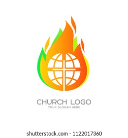 Church logo. Christian symbols. Globe, the cross of Jesus Christ against the background of the flame of the Holy Spirit