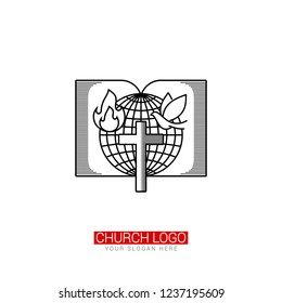 Church logo. Christian symbols. Globe, open bible and dove with flame