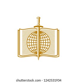 Church logo. Christian symbols. Globe and sword on the background of an open bible.
