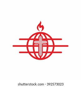 Church logo. Christian symbols. Globe, cross and flame