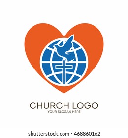 Church logo. Christian symbols. Globe, cross, dove and heart.