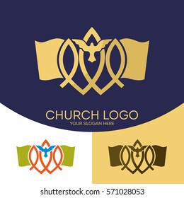 Church logo. Christian symbols. The Gospel, the Bible, the flame of the Holy Spirit, a dove and a symbol of Jesus Christ - a fish.