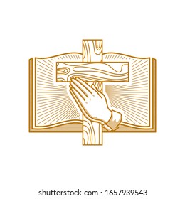 Church logo. Christian symbols. Hands folded in prayer against the background of a wooden cross of Jesus Christ and an open bible.