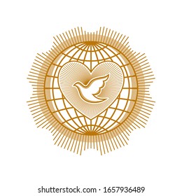 Church logo. Christian symbols. Heart and dove on a background of the globe.