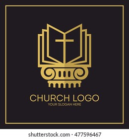 Church logo. Christian symbols. Holy bible and Jesus cross.