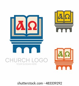 Church logo. Christian symbols. Holy bible and Jesus cross.