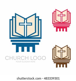 Church logo. Christian symbols. Holy bible and Jesus cross.