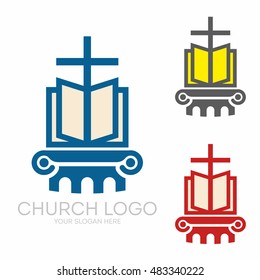 Church logo. Christian symbols. Holy bible and Jesus cross.