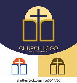 Church logo. Christian symbols. Holy Scripture, the Bible, the cross of Jesus Christ and the sun.