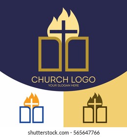 Church logo. Christian symbols. Holy Scripture, the Bible, the cross of Jesus Christ and the sun.