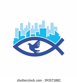 Church logo. Christian symbols. Jesus fish, dove, city, skyscrapers, eyeball, missions, vision, blue