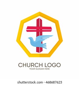 Church logo. Christian symbols. Jesus' cross and dove - the Holy Spirit.