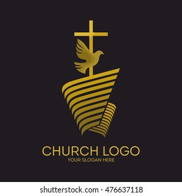 Church Logo. Christian Symbols. Jesus Cross And Dove, Holy Spirit.