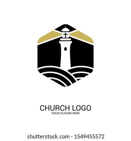 Church logo. Christian symbols. The lighthouse of Jesus Christ shines the truth for those in the dark