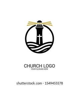 Church logo. Christian symbols. The lighthouse of Jesus Christ shines the truth for those in the dark