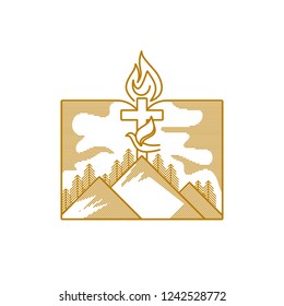 Church logo. Christian symbols. Mountains, the cross of Jesus Christ, a dove and a flame against the background of an open bible.