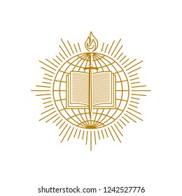 Church logo. Christian symbols. An open bible, sword and flame against the backdrop of the world.