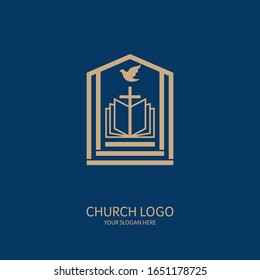 Church logo. Christian symbols. The open bible, the cross of Jesus Christ and the dove.
