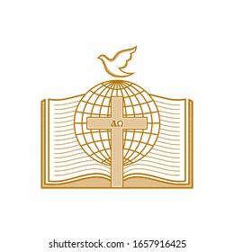 Church logo. Christian symbols. Open bible, cross and globe.