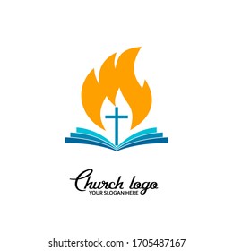 Church logo. Christian symbols. Open bible against the background of the cross and the flame of the Spirit.