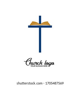 Church logo. Christian symbols. Open bible on a background of the cross.