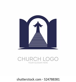 Church logo. Christian symbols. Open the door and the staircase leading to the Lord and Savior Jesus Christ.