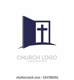 Church logo. Christian symbols. Open the door and the staircase leading to the cross of the Lord and Savior Jesus Christ.