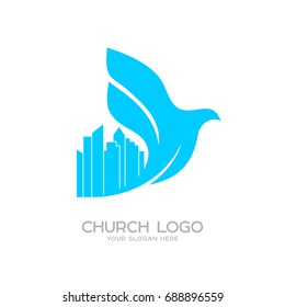 Church logo. Christian symbols. Pigeon over the city