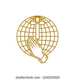 Church logo. Christian symbols. Praying hands and the cross of Jesus Christ on the background of the globe.