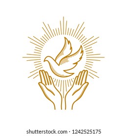Church logo. Christian symbols. Praying hands and dove - a symbol of the Holy Spirit.