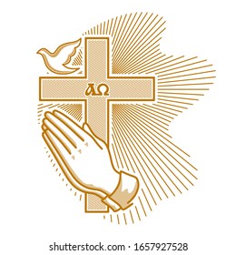 Church logo. Christian symbols. Praying hands on the background of the cross of the Lord and Savior Jesus Christ.