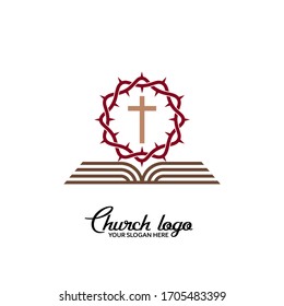 Church logo. Christian symbols. Savior's cross, crown of thorns and open bible.